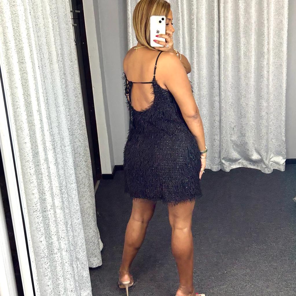 Tie Lurex Feather Mini Dress Black