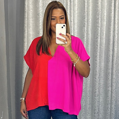 Red & Hot Pink Colorblock Top