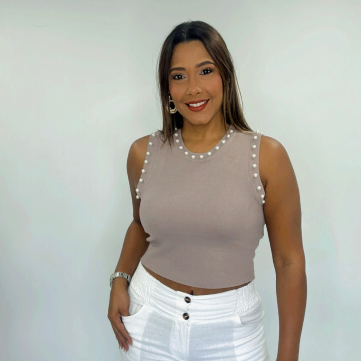 Mocha Shirt With Pearls