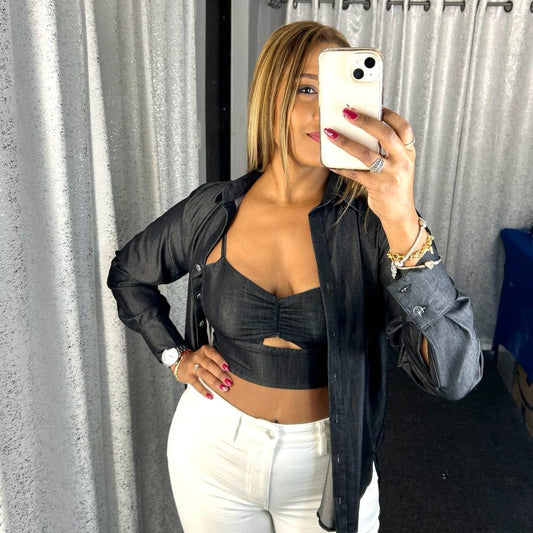 Denim Two Pieces Button Down Top