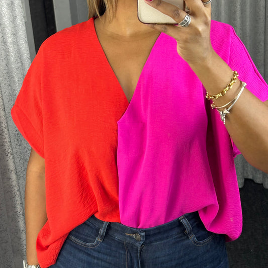 Red & Hot Pink Colorblock Top