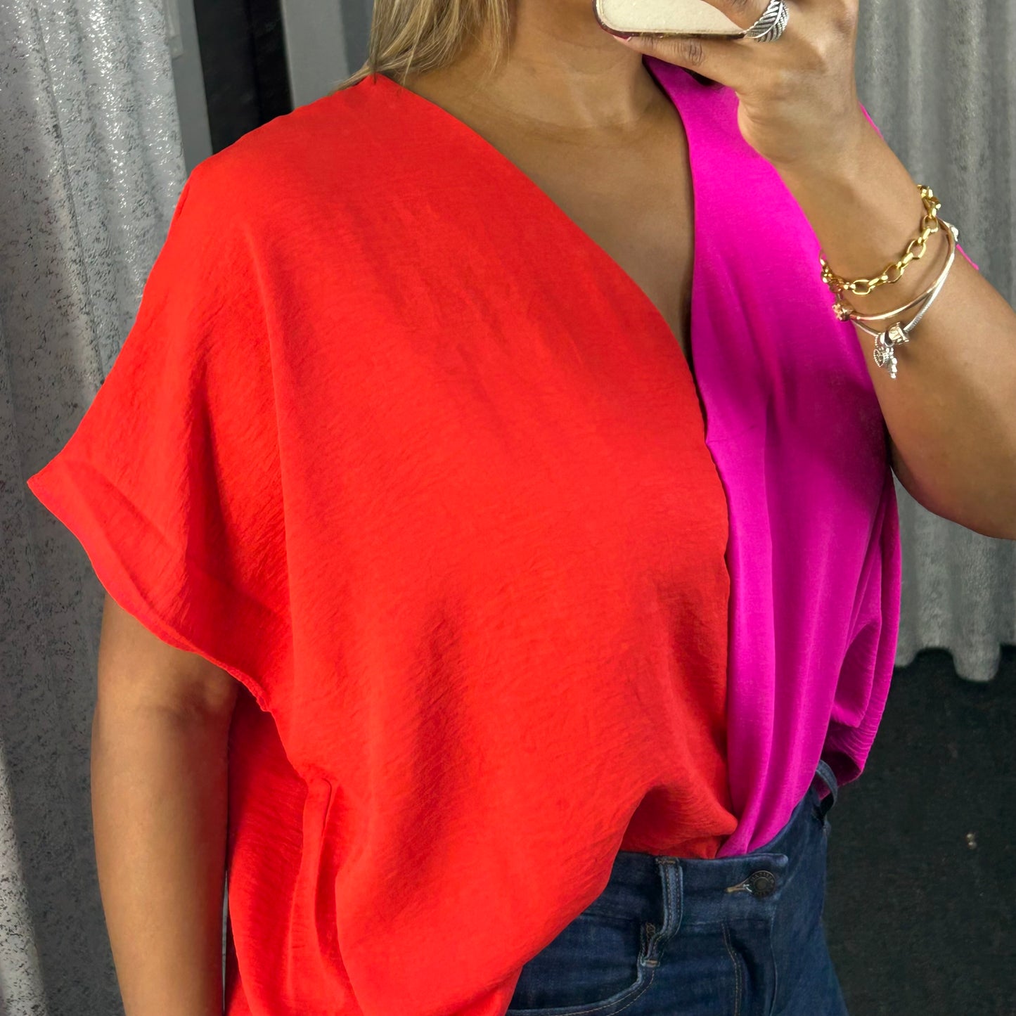 Red & Hot Pink Colorblock Top