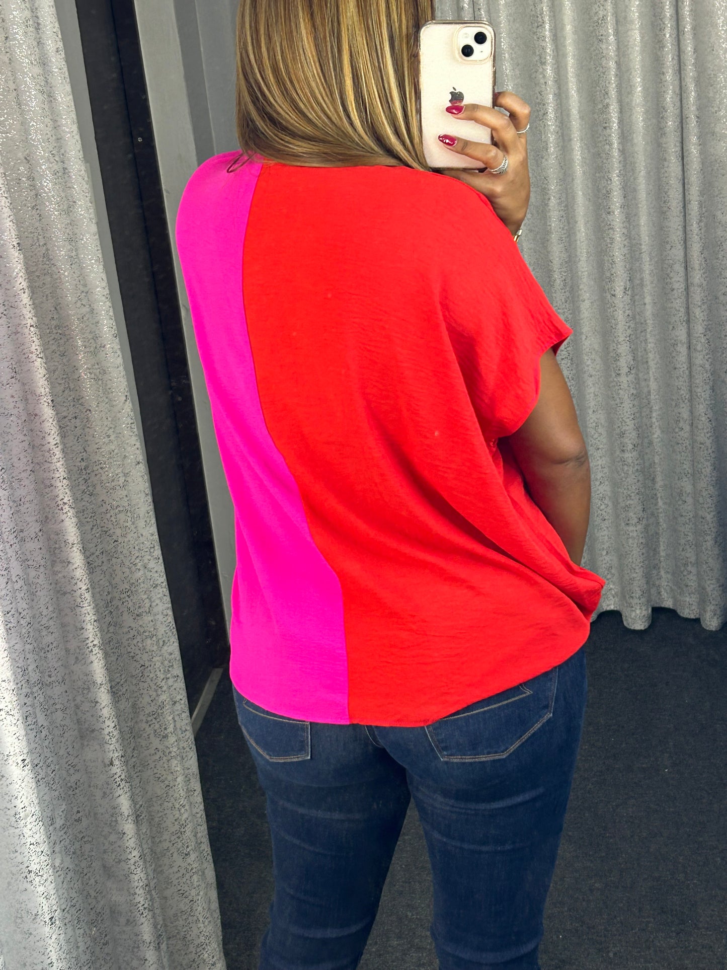 Red & Hot Pink Colorblock Top
