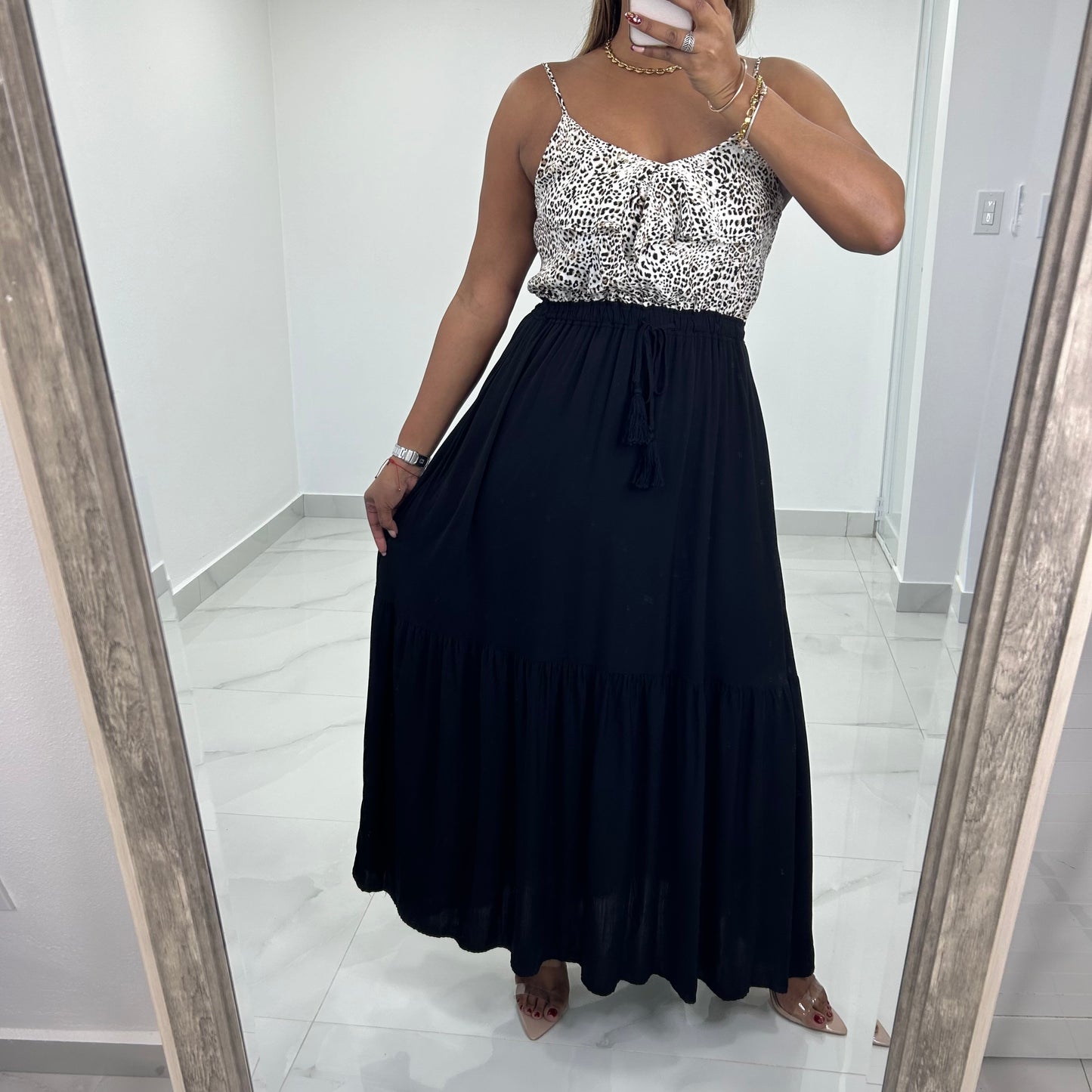 Contrast Leopard Top Ruffle Maxi Dress