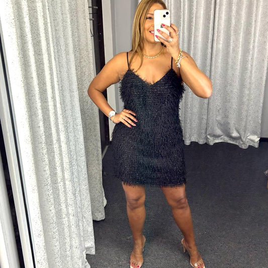 Tie Lurex Feather Mini Dress Black