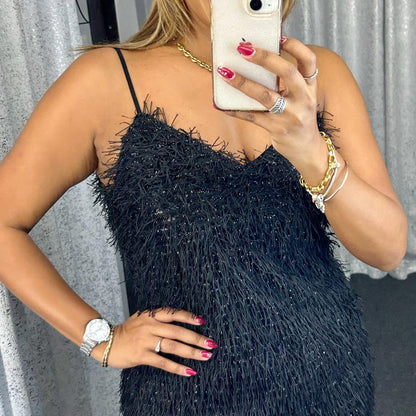 Tie Lurex Feather Mini Dress Black