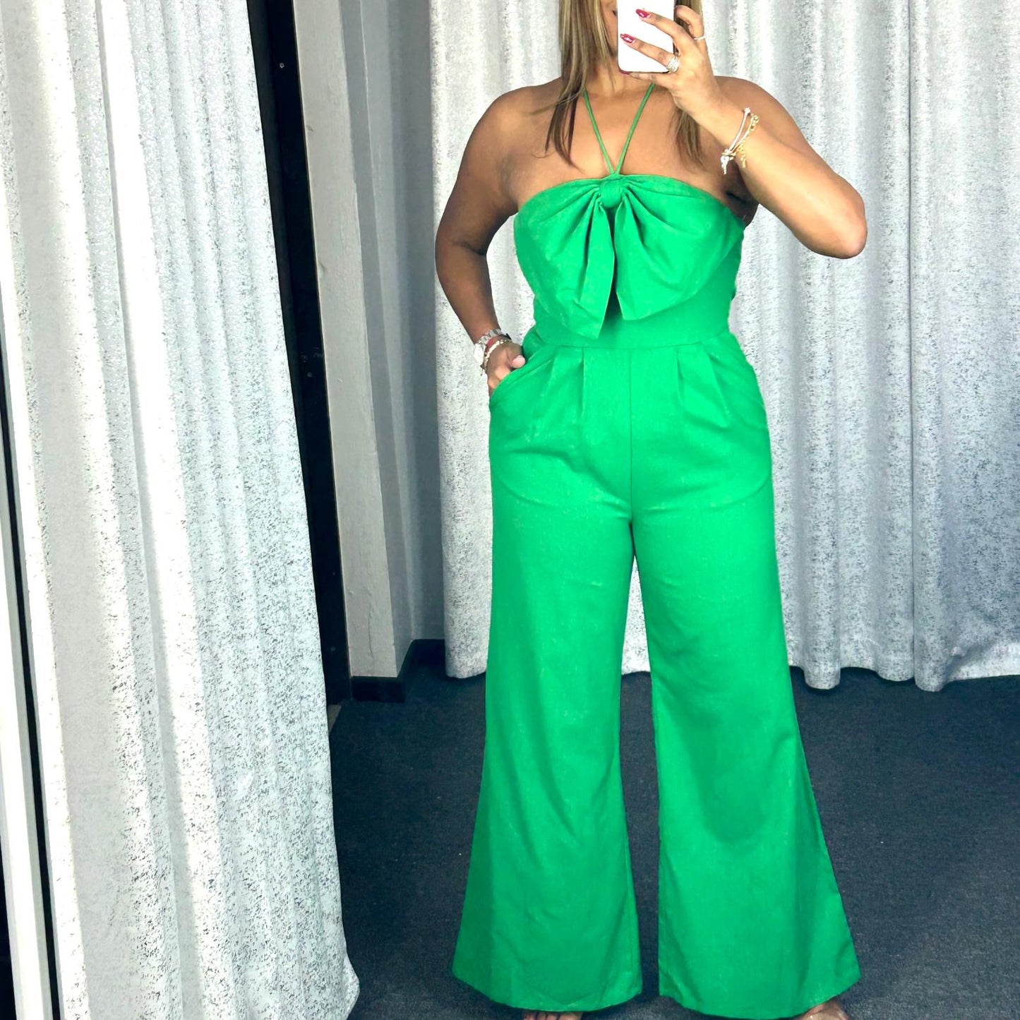Green Front Detail Halter Jumpsuit