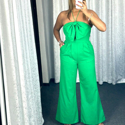 Green Front Detail Halter Jumpsuit